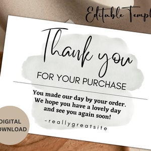 Printable Thank You Cards Business Template, Thank You For Your Purchase, Editable Customer Packaging Insert Note