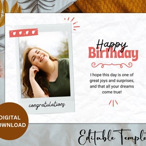 Carte d'anniversaire moderne avec photo, modèle d'invitation d'anniversaire minimaliste, invitation d'anniversaire moderne modifiable, invitation d'anniversaire toile