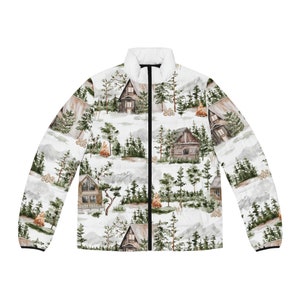 Men&#39;s woodsy cabin Puffer Jacket, forest jacket, cabin in the woods, camp fire jacket, winter woods jacket