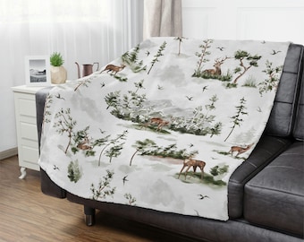 Deer and Pine Tree Minky Blanket, cozy forest blanket, deer blanket, pine tree blanket, woodsy blanket, camping blanket