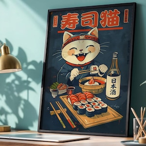 Sushi Cat Poster – Kawaii Neko Japanese Food Wall Art, Izakaya Retro Print, Sushi Lover Decor, Printable Wall Art Instant Download
