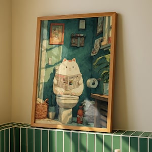 Funny Cat Bathroom Poster | Toilet Humor Wall Art | Kawaii Kitty Reading Newspaper | Quirky Restroom Decor | Printable Instant Download