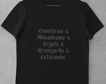 Cemetery word list gothic font black jersey t-shirt ~ Unisex graveyard crypt goth shirt ~ Halloween spooky morbid cemetery taphophile tee