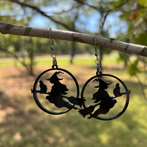 Witch on Broomstick Earrings for Halloween Earrings Witch with Cat Earrings Witch on Broomstick with Cat Earrings