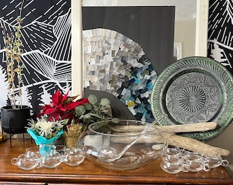 13 Piece Vintage Hand Blown Crystal Moderno Riekes Crisa Punch Bowl Set w/Ladle