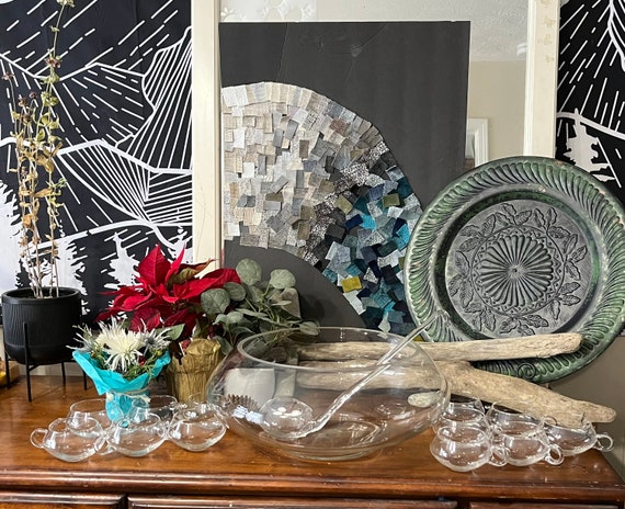 13 Piece Vintage Hand Blown Crystal Moderno Riekes Crisa Punch Bowl Set w/Ladle