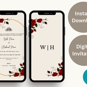 Floral Gold Digital Muslim Wedding Invitation Template - Editable Electronic Nikkah Invitation, Printable Reception E-invite, Neutral