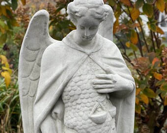 Large St Michael Garden Statue Of Archangel 24" Outdoor Saint Guardian Arch Angel Slaying The Dragon Devil Concrete Sculpture Yard Gift Idea
