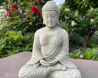 Buddha Garden Statue Concrete Large 16” Tall Cement Meditating Sitting Indoor Outdoor Happy Stone Art Sculpture Thai Decor Gift For Her