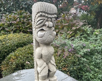 Outdoor Tiki Garden Statue Decor Large 15.5" Tall Concrete Polynesian Totem Pole Cement Man Head Lawn Ornament Stone Yard Sculpture Gift