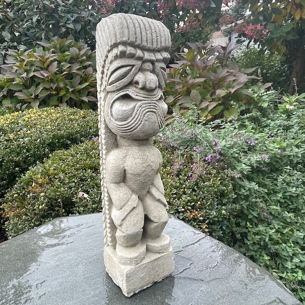 Outdoor Tiki Garden Statue Decor Large 15.5" Tall Concrete Polynesian Totem Pole Cement Man Head Lawn Ornament Stone Yard Sculpture Gift