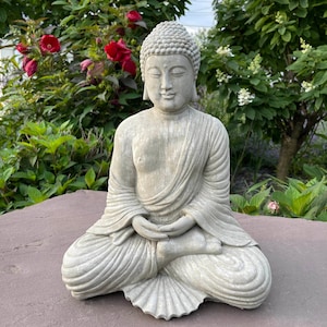 Buddha Garden Statue Concrete Large 16” Tall Cement Meditating Sitting Indoor Outdoor Happy Stone Art Sculpture Thai Decor Gift For Her