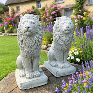 Concrete Lion Set 13.5&quot; Statues Garden Guardians Outdoor Animal Sculptures