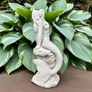 15 inch Concrete Mermaid Sculpture: Coastal Garden Statue Decor Ocean Themed Yard Art Lawn Ornament Gift