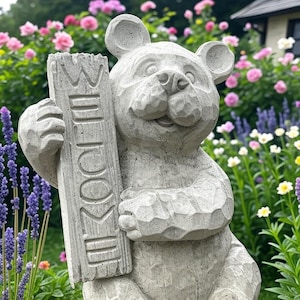 Concrete Garden Bear Statue With Welcome Sign 12&quot; Sitting Sculpture