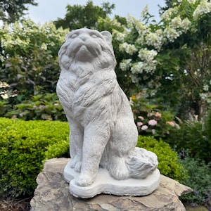 16&quot; Large Concrete Cat Statue - Long Haired Garden Sculpture On Base, Outdoor Decor