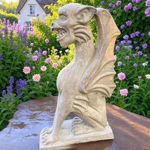Large Sitting Grotesque Gargoyle Statue - 18&quot; Concrete Griffin-Style Winged Creature Sculpture, Gothic Garden Decor, Halloween Yard Display