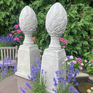 Concrete Finial Garden Statue Pair - 14&quot; Large Outdoor Artichoke Decorative Sculpture Set, Pineapple Ball Ornament Patio Porch Decor Gift
