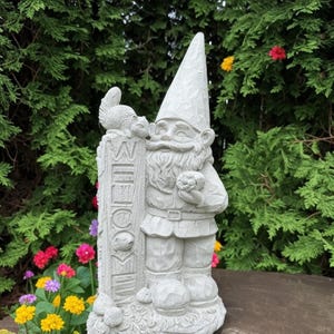 Concrete Garden Gnome Welcome Sign: Acorn, Squirrel & Mushroom Statue
