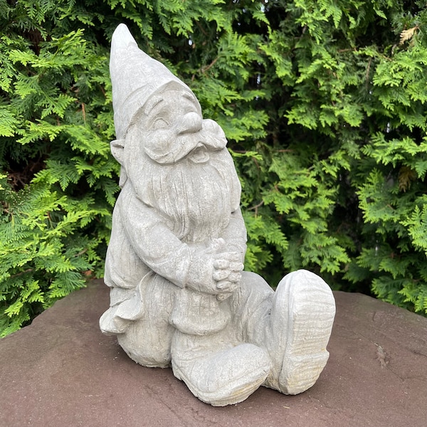 Large Concrete Gnome Garden Statue 14.5" Tall Unpainted Rustic Outdoor Cement Elf Lawn Ornament Stone Yard Sculpture Decor Figurine Gift