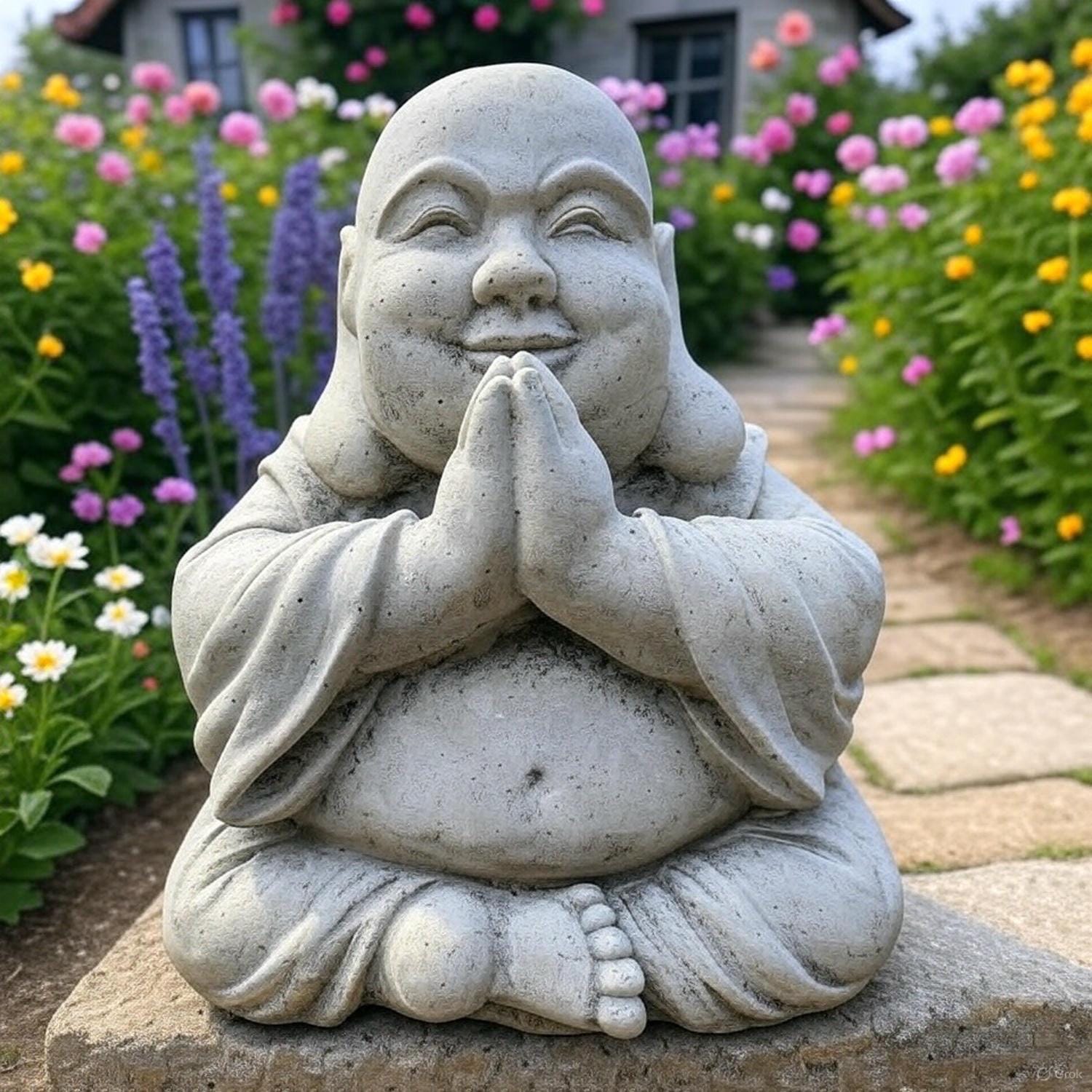 Buddha Garden Statue - 10" Concrete Happy Sitting Fat Zen Monk Praying Yard Sculpture, Unique Gift For Home, Outdoor Decor, and Meditation