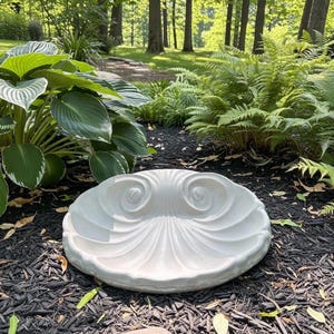 May include: A white, shell-shaped bird bath made of concrete. The bird bath has a detailed, swirling design and sits on black mulch in a garden setting, surrounded by lush greenery.