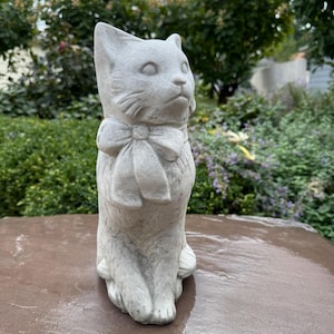14&quot; Large Concrete Cat Statue - Sitting Garden Sculpture With Bow, Outdoor Memorial Gift