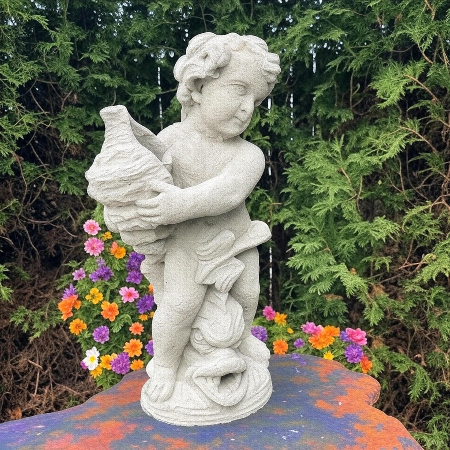 Concrete Fountain Top Replacement 20" Boy Nautilus Garden Statue & Dragon Fish Spout, Conch Shell Large Outdoor Pond Water Feature Topper
