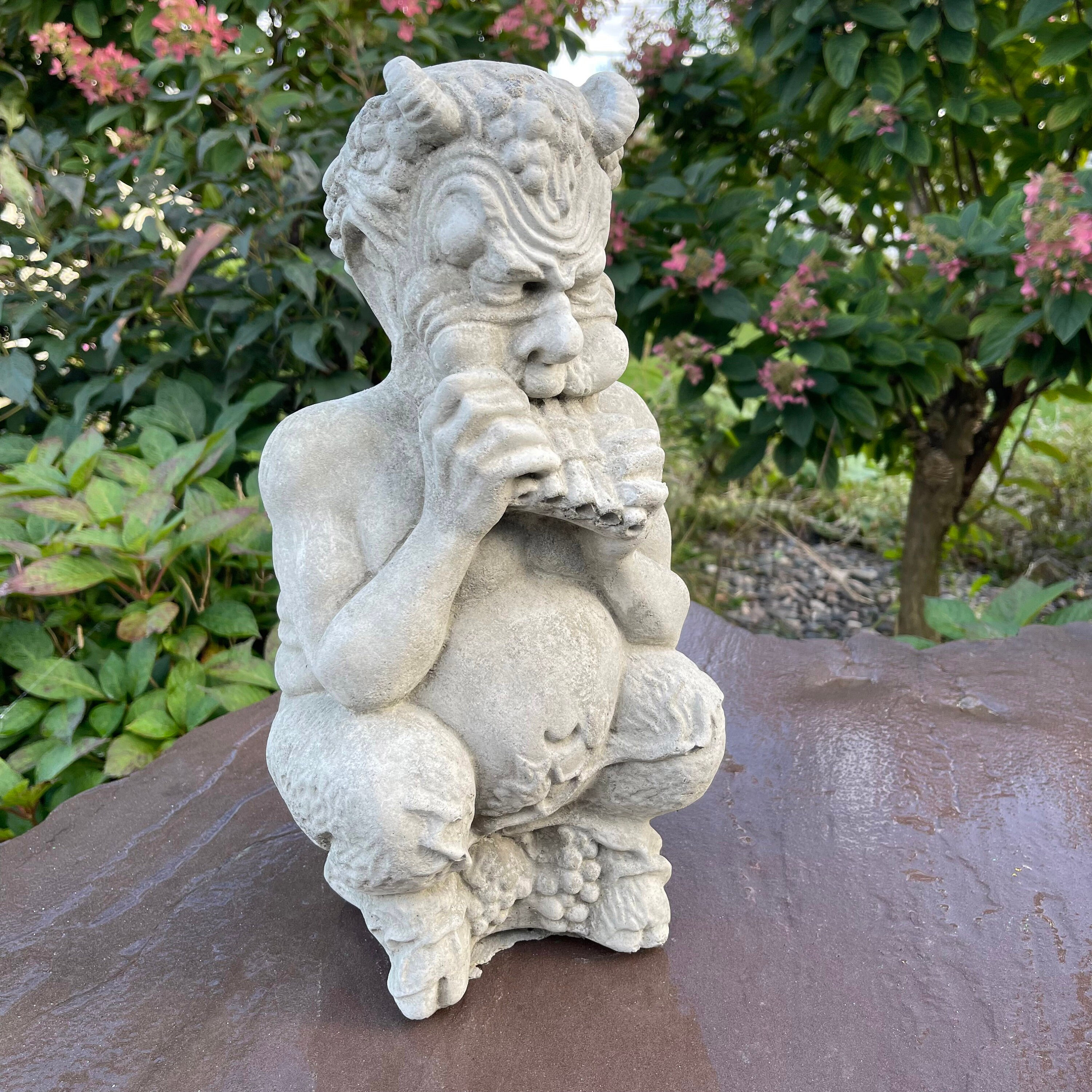 Concrete Pan Garden Statue 14 Inch Mythical Satyr Sculpture Flute ...