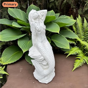 Nautical Coastal Art: 19.5" Painted Concrete Mermaid Garden Statue Large Yard Sculpture Decor