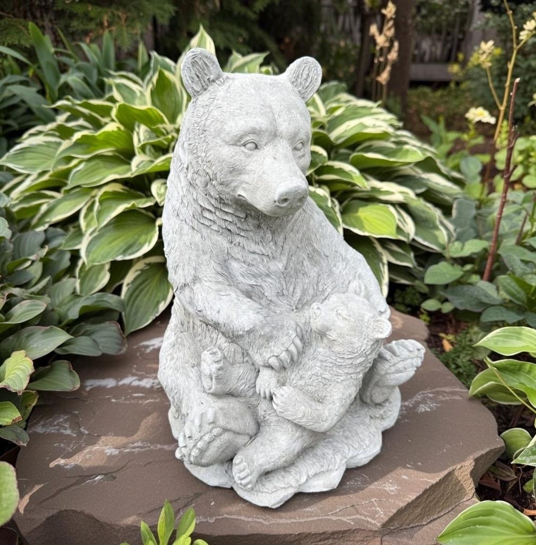 Concrete Bear Garden Statue With Cub 12" Sitting Sculpture Outdoor Yard ...