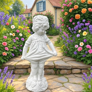 22” Large Concrete Bashful Betty Garden Statue - Blushing Girl, Outdoor Yard Art Handmade Stone Sculpture Cottage Core Whimsical Gift Decor