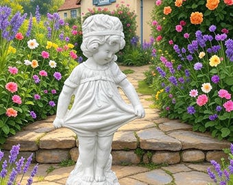 22” Large Concrete Bashful Betty Garden Statue - Blushing Girl, Outdoor Yard Art Handmade Stone Sculpture Cottage Core Whimsical Gift Decor