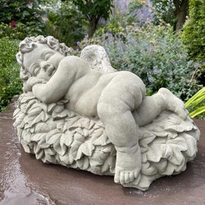 Large Concrete Sleeping Angel Statue on Leaves 17 Inch Garden Sculpture ...