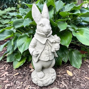 May include: A concrete rabbit statue, dressed in a waistcoat and jacket, holding a bouquet of flowers. The rabbit has long ears and is standing on a rocky base. The statue is light gray and set against a backdrop of green foliage.