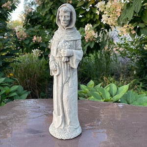 Saint Fiacre Garden Statue - 15&quot; Catholic Patron Saint Of Gardeners, Outdoor Religious Concrete Decor, Yard Ornament & Gift for Nature Lover