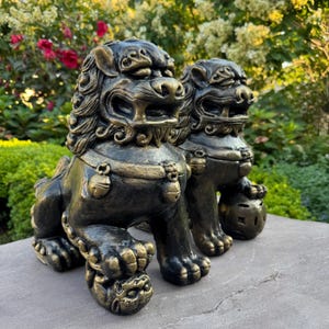 Chinese Foo Dog Guardian Lion Pair 14” Concrete Fu Dogs Statues, Shi Shi Temple Lions, Garden Protectors, Outdoor Decor, Patio Guardians