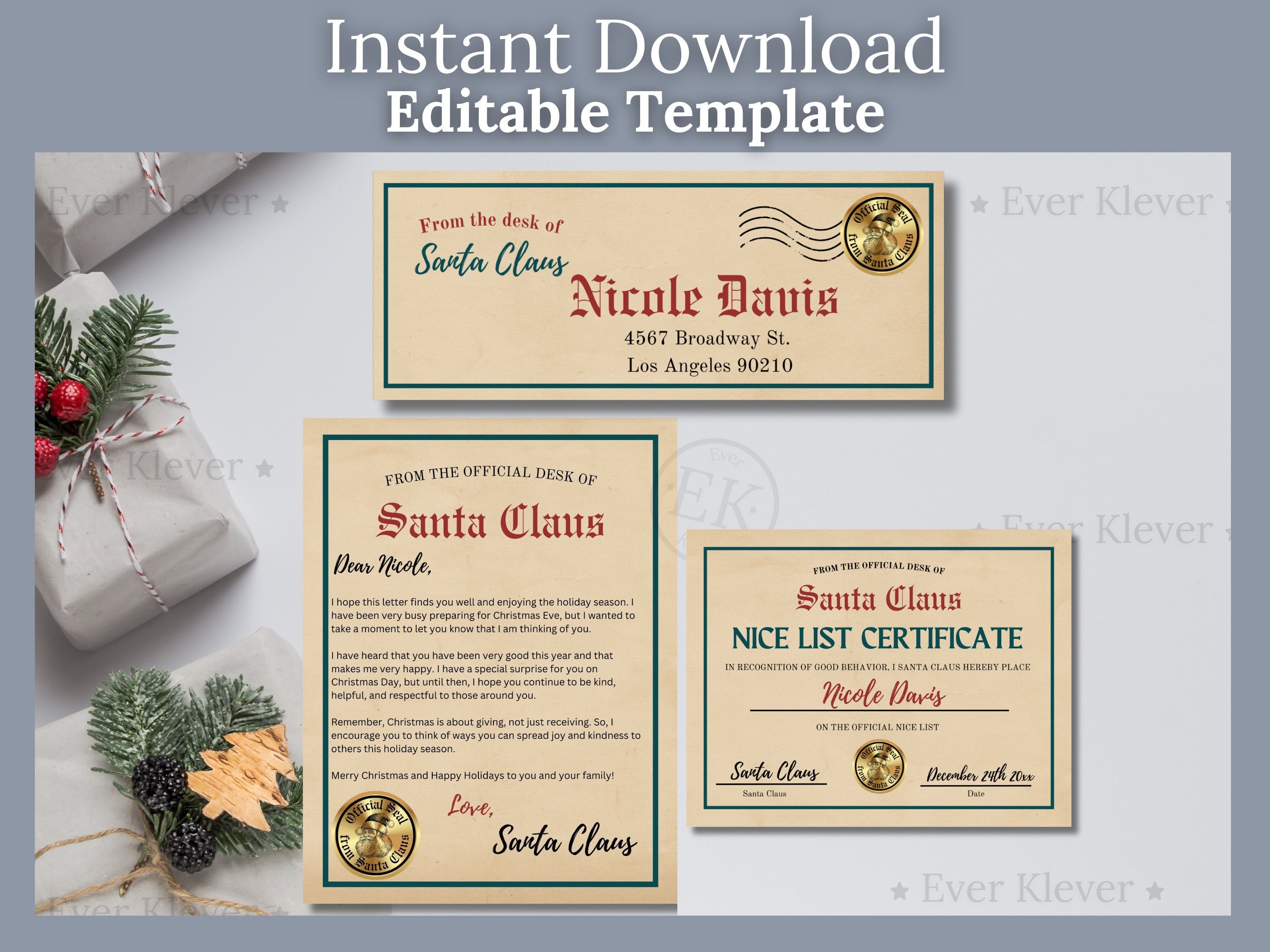 Letter From Santa, Nice List Certificate, Printable Letter to Santa
