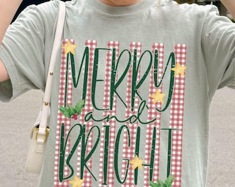 Comfort Colors Merry And Bright Christmas Shirt, Gingham Xmas Santa T-shirt, Christmas Trendy Stripes Tee