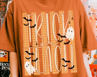 Comfort Colors Funny Halloween Teacher Shirt, Trick Or Teach Tee, Trendy Stripes Spooky Teacher T-Shirt