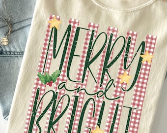Comfort Colors Merry And Bright Christmas Shirt, Gingham Xmas Santa T-shirt, Christmas Trendy Stripes Tee