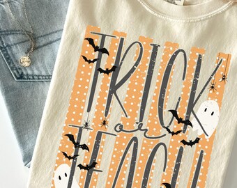 Comfort Colors Funny Halloween Teacher Shirt, Trick Or Teach Tee, Trendy Stripes Spooky Teacher T-Shirt