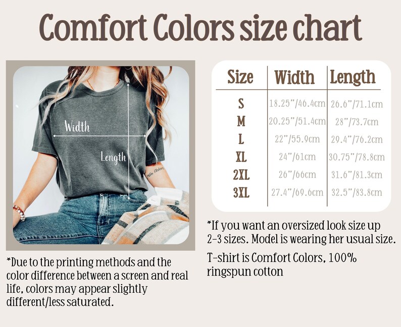 Może przedstawiać: Tabela rozmiar&oacute;w dla koszulek Comfort Colors, pokazująca szerokość i długość w calach i centymetrach dla rozmiar&oacute;w od S do 3XL. Modelka nosi szary T-shirt, pokazując dopasowanie.