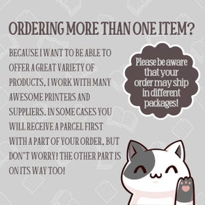Może przedstawiać: Grafika z tekstem "ORDERING MORE THAN ONE ITEM?", kt&oacute;ry wyjaśnia, że zam&oacute;wienia mogą być wysyłane w osobnych paczkach. Kresk&oacute;wkowy kot znajduje się w prawym dolnym rogu. Tło jest jasnoszare z ilustracjami książek.