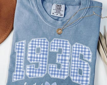 Comfort Colors Blue Gingham 1936 Shirt, 90 Years Old Birthday Present, 90th Birthday Gift For Grandma,Great Grandma Limited Edition Birthday