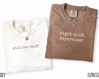 Comfort Colors Funny Mom Dad Matching Shirts: Milk Bar Night Shift Tee, Expecting Parents, Pregnancy Announcement Tshirt
