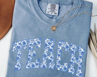Comfort Colors Blue Toile Teach Shirt, Coquette Teacher Shirt, Back to School Teacher Gift, Teacher Life Shirt, Teacher Appreciation Tee