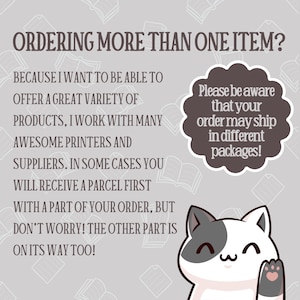 May include: A graphic with text that reads "ORDERING MORE THAN ONE ITEM?" and explains that orders may ship in separate packages. A cartoon cat with a paw raised is at the bottom.