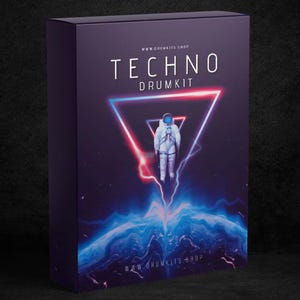 May include: A box with a blue, purple, and black background featuring a white astronaut standing in a red and blue triangle. The text "TECHNO DRUMKIT" is written in white on a black background. The box is labeled "WWW.COMETSLOOP.COM".