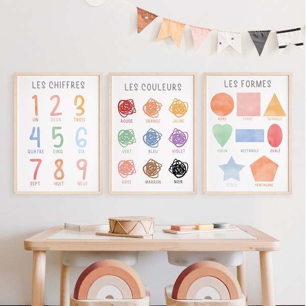 Trio d'affiches à imprimer : les CHIFFRES, les COULEURS, les FORMES | Affiche éducative | Décoration chambre d'enfant | Ecole maternelle